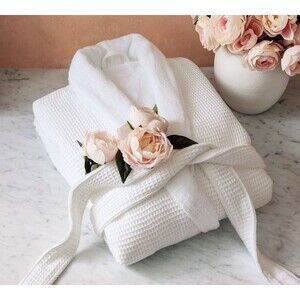 Pottery Barn 100% Organic Cotton Ribbed Spa Robe White L Made in Turkey lined
